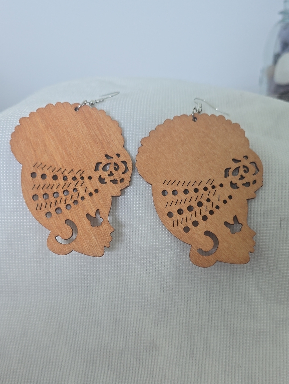 Wooden Afro Silhouette Drop Earrings in Light Brown